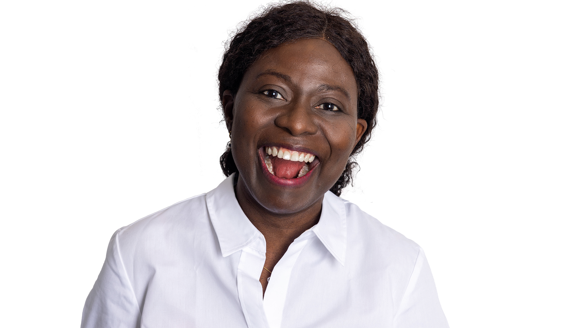 Zahnärztin Margarete Olowookere lacht in die Kamera und ihr Mund formt dabei das "O" in WoW