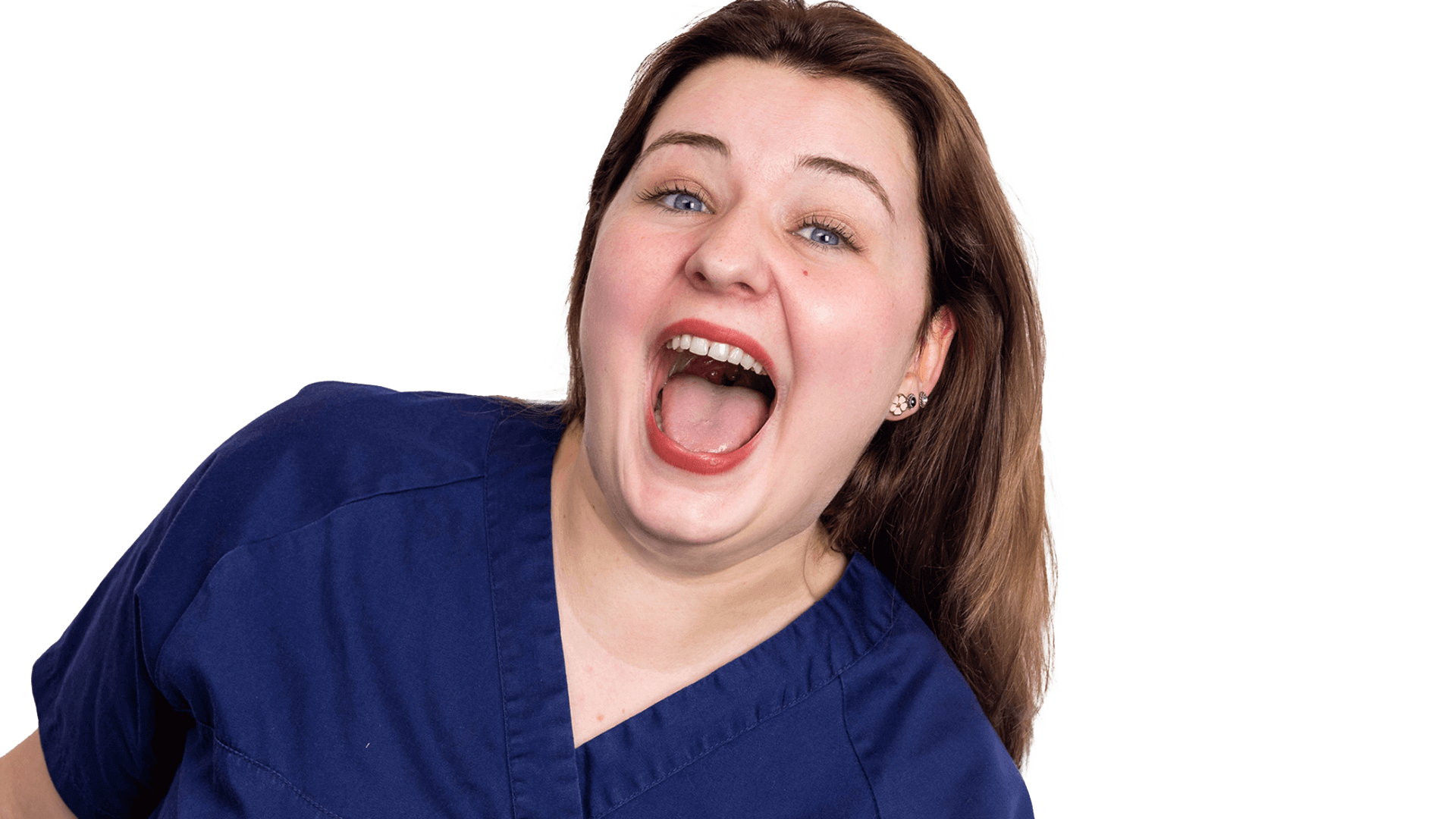 Die Zahnmedizinische Prophylaxeassistentin Annika lacht in die Kamera und ihr Mund formt dabei das "O" in WoW